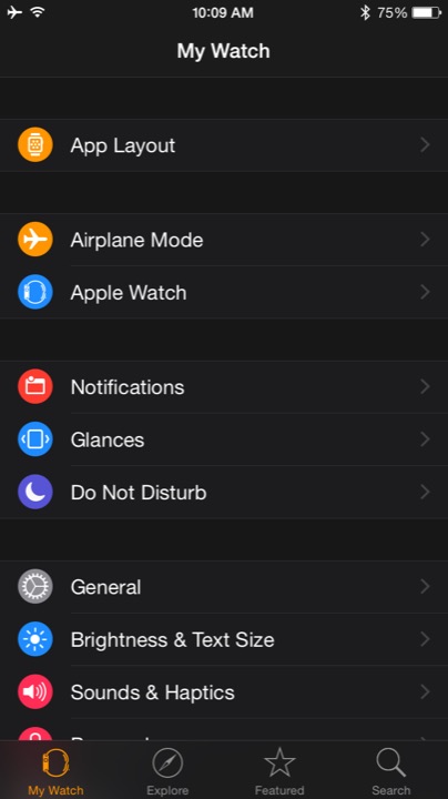 iPhone Watch App My Watch on Apple Watch (1st generation) 38mm running watchOS 1.0.1