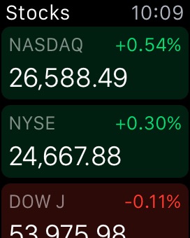 Stocks List on Apple Watch (1st generation) 38mm running watchOS 1.0.1