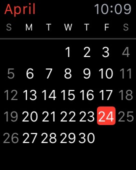 Calendar Month View on Apple Watch (1st generation) 38mm running watchOS 1.0.1