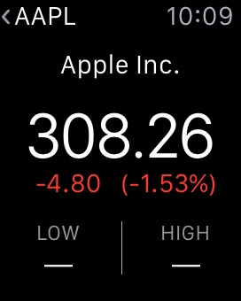 Stocks AAPL on Apple Watch (1st generation) 38mm running watchOS 1.0.1