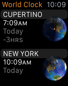 World Clock on Apple Watch (1st generation) 38mm running watchOS 1.0.1